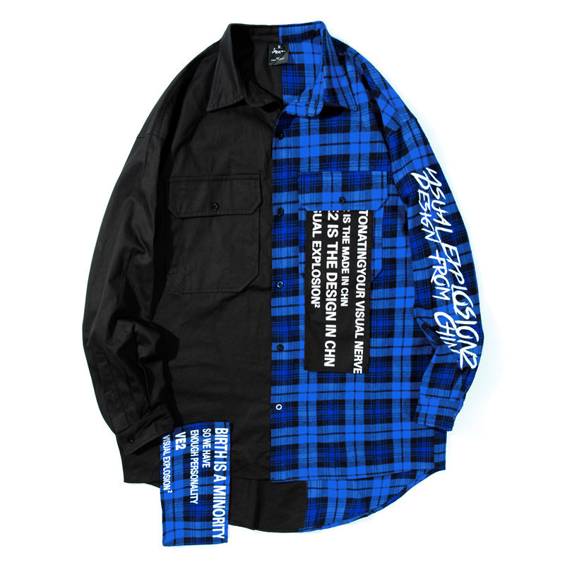 Plaid Shirts Men Hip Hop Patchwork Long Sleeve Shirt Men Women Punk Style Creative Letter Printed Shirt Tops Streetwear WJ188 T200410