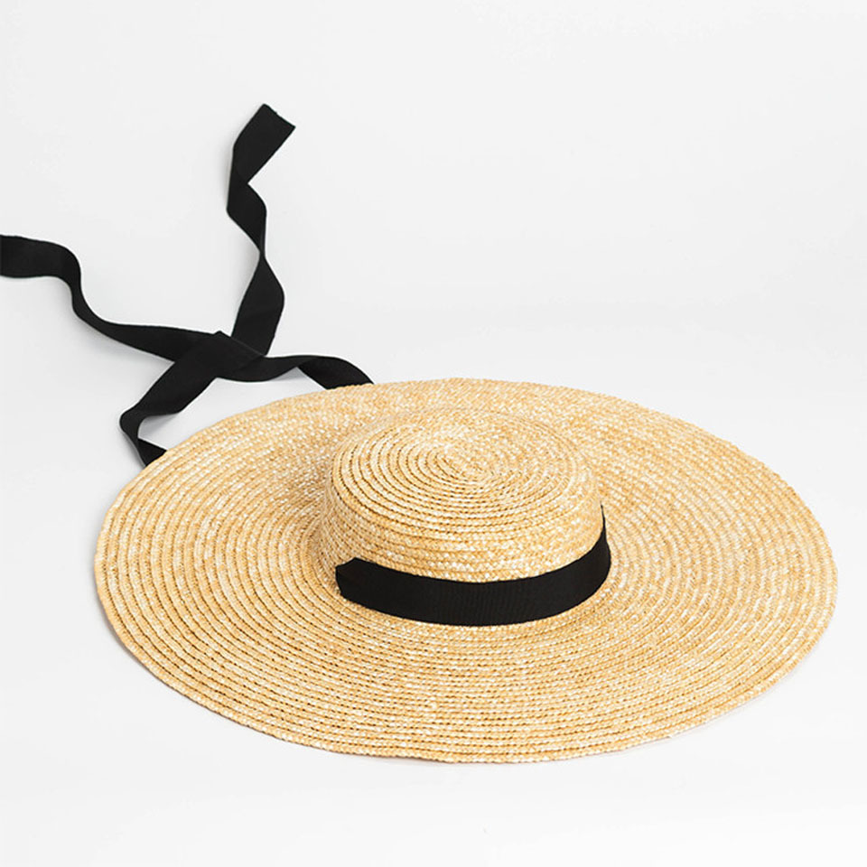 Large Brim Wheat Straw Hat Summer Hats For Women 10cm/15cm/18cm Brim With Black&White Ribbon Beach Cap Boater Flat Top Sun Hat Y200716