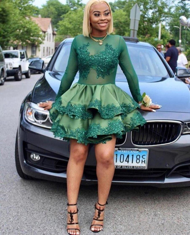 Dark Green Jewel Neck Long Sleeve Backless Homecoming Dresses Illusion Appliques Lace Ruched Tiered Satin A Line Cocktail Party Dress