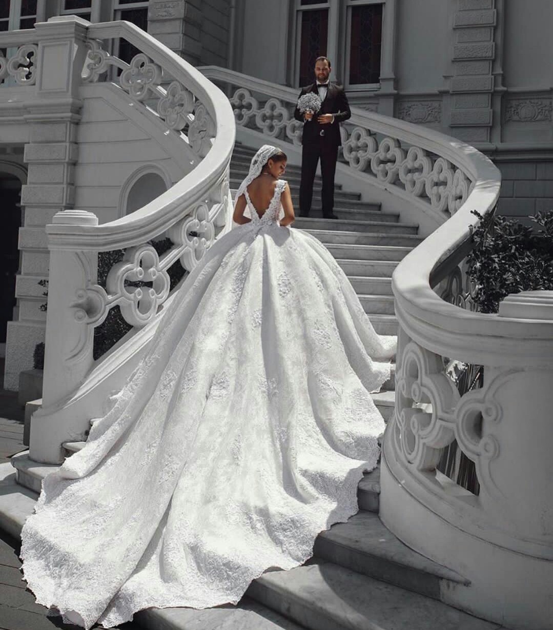 Saudi Arabian Ball Gown Vintage Wedding Dresses Plus Size V Back Lace Wedding Gowns with Veil Customise robe de mariée