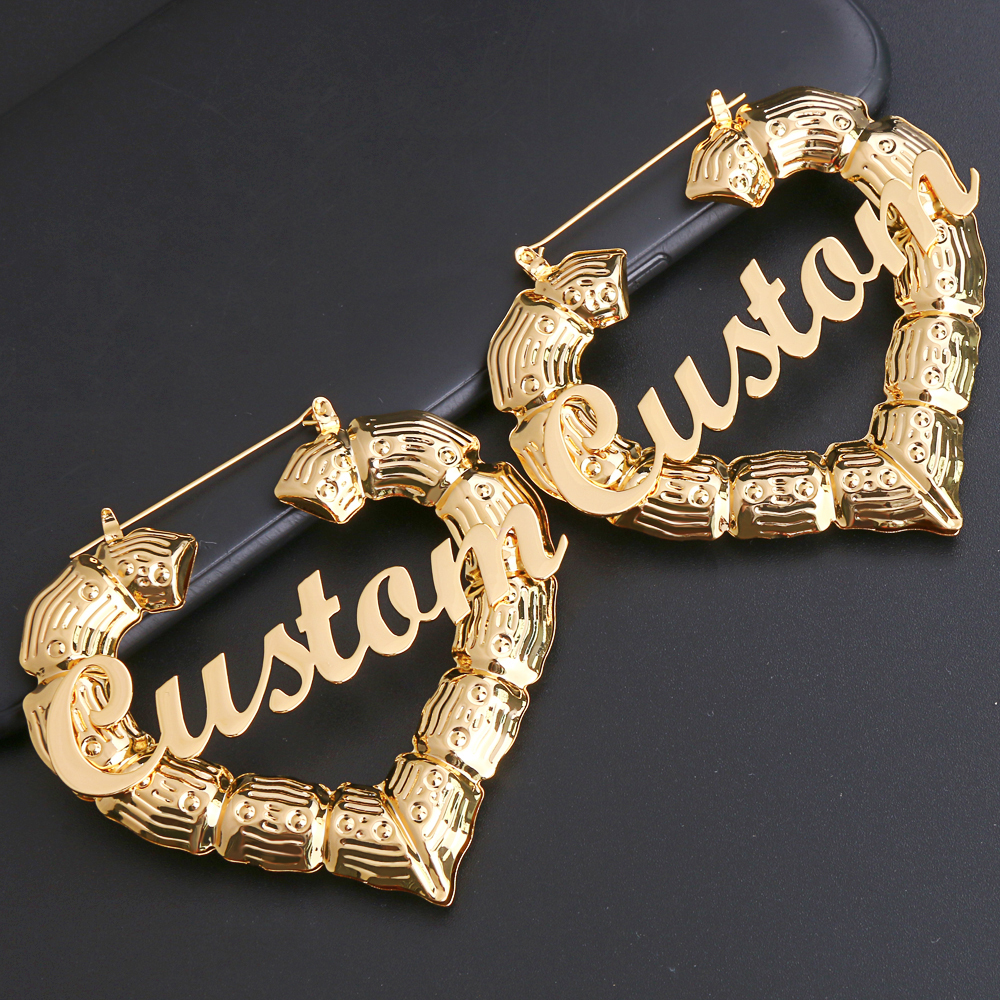 Lateefah 70mm Custom Earrings Love shape Hiphop Sexy Bamboo Hoop Earrings Customizable Customize Name Earrings Bamboo Style CX200801