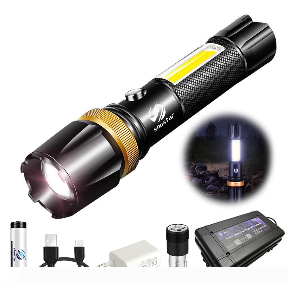 Super bright Waterproof LED Flashlight With COB side light Rotary zoom 3 lighting modes Powered by 18650 battery for camping
