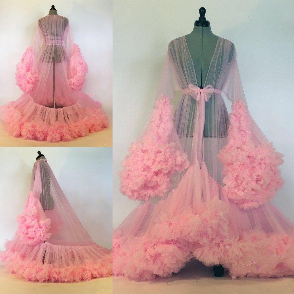 Sexy Women Ruffles Pink Sleepwear For Prom Dress Women Bathrobe Sheer Nightgown Long Sleeve Evening Dress Robe Prom Bridesmaid Shawel
