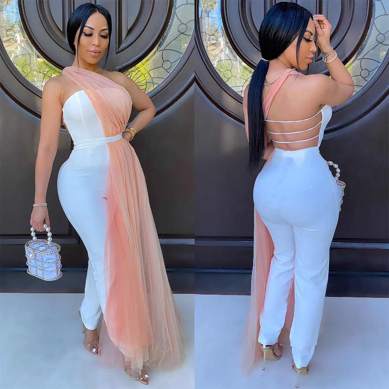 Women Tube Top Blackless Jumpsuit Pack Hip Slim Trousers And Net Yarn Famale Rompers
Women Tube Top Blackless Jumpsuit Pack Hip Slim Trousers And Net Yarn Famale Rompers