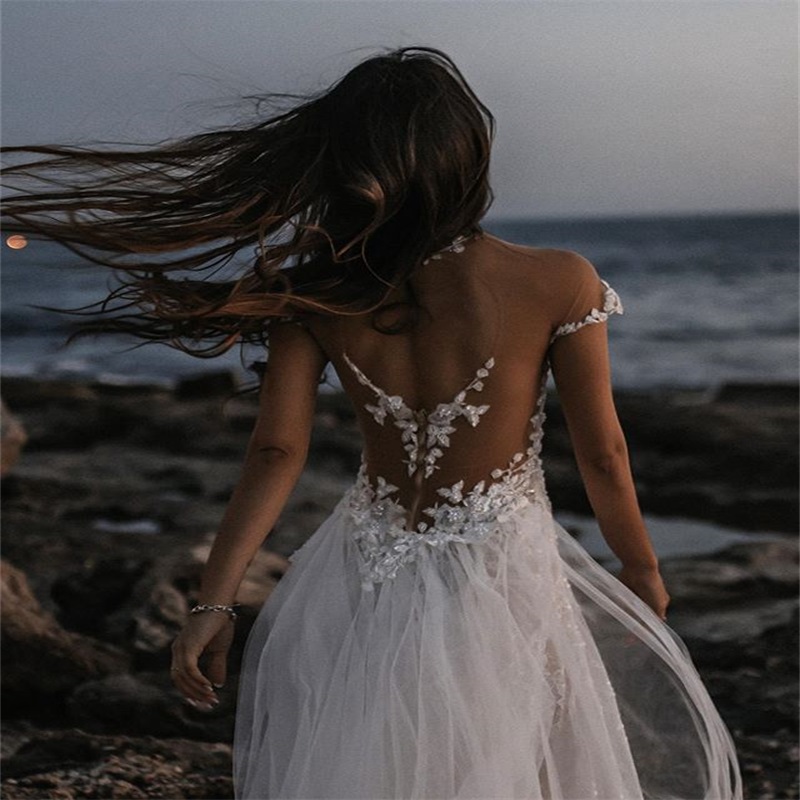 hot sale sexy offshoulder beach wedding dresses aline sleeveless illusion back appliqued lace sequins bridal gown bohemian bridal dress