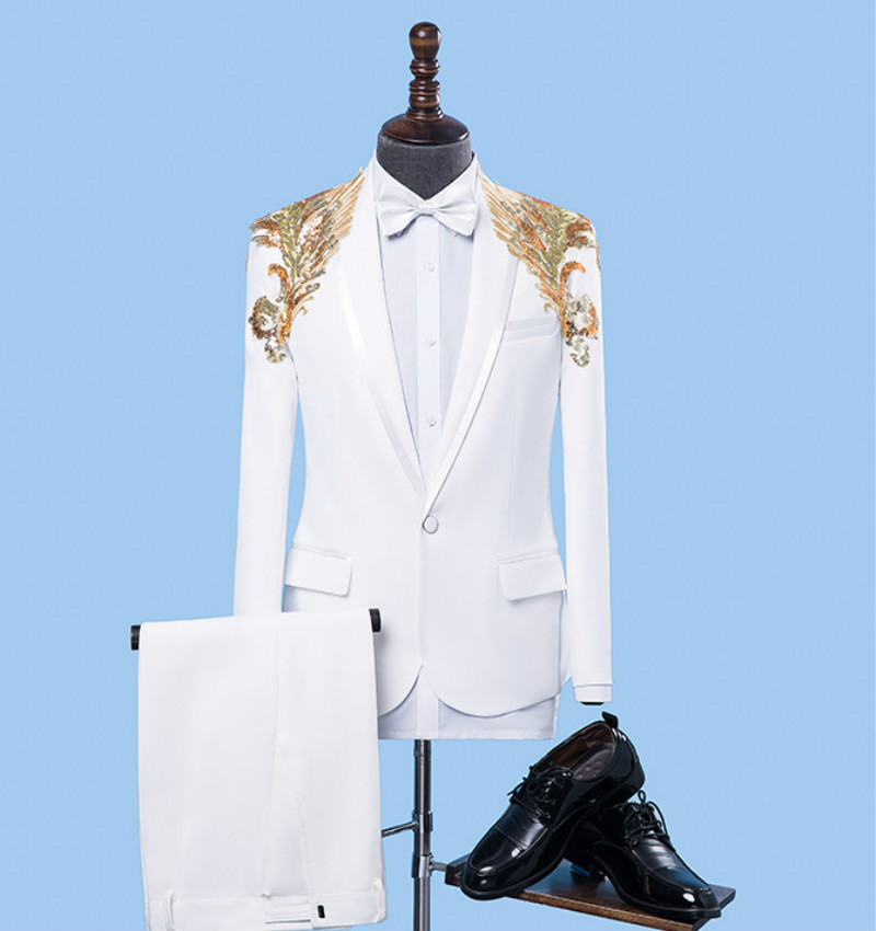 2piece handsome sequins white mens suit fashion groom suit wedding suits for best men slim fit groom tuxedos for man in stock