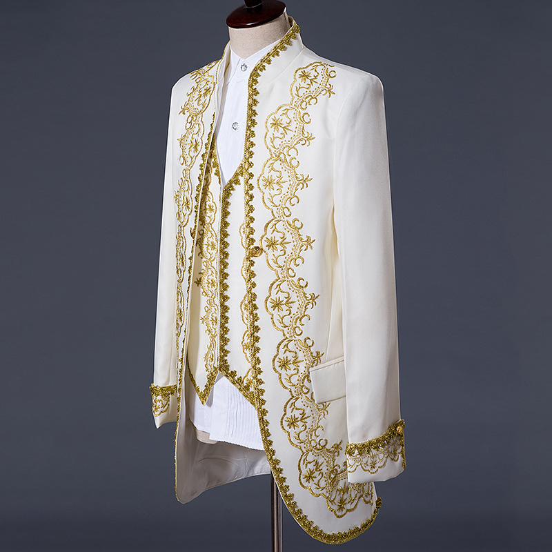 Royal Vintage Fashion New Court Men Suit Opera Drama Performance European Earl Gold Appliqued Men Long Coat Party Wear
