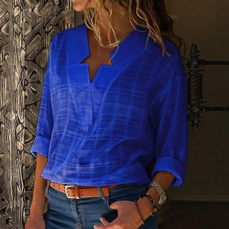 Solid Star V Neck Women Kimono Shirts Autumn Plaid Cotton Linen Elegant Office Lady Blouse Feminine Plus Size Female Shirt