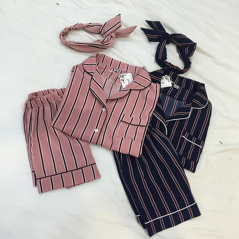 3PCS/Set Women Casual Nightdress Sleepwear Vertical Stripe Short-sleeved Pajamas + Shorts + Hair Band Home Wear Ladies Underwear Y200708