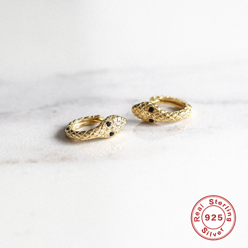 925 Sterling Silver Snake Gold Color Bling Zircon Stud for Women Girl Small Earrings Punk Summer Style A30
