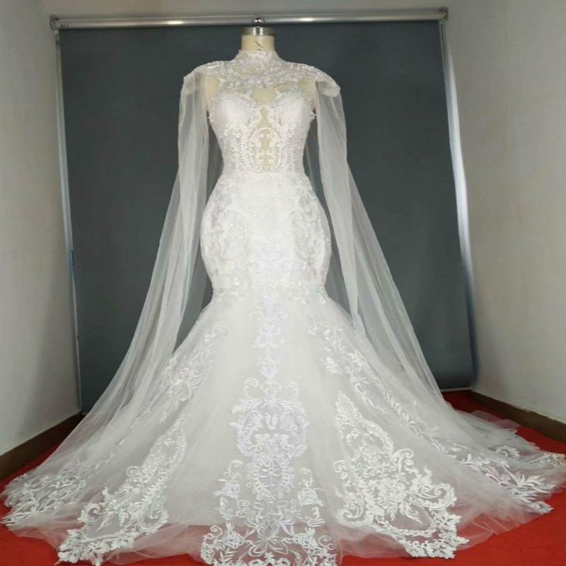 2020 Luxury Chapel Mermaid Wedding Dresses With Wrap Illusion Applique Lace Bridal Gown Sleeveless Sweep Train Custom Made Robe De Mariee