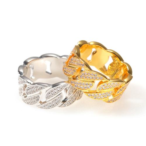 New Hip Hop Real Gold Plated Bling Cubic Zirconia Cuban Chain Mens Womens Band Ring CZ Diamond Finger Rings Rapper Jewelry Gifts for Couples