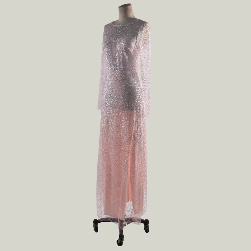 newest glitter sequins pink aline women prom dress bling jewel long sleeves evening dress anklelength party dress hot sale