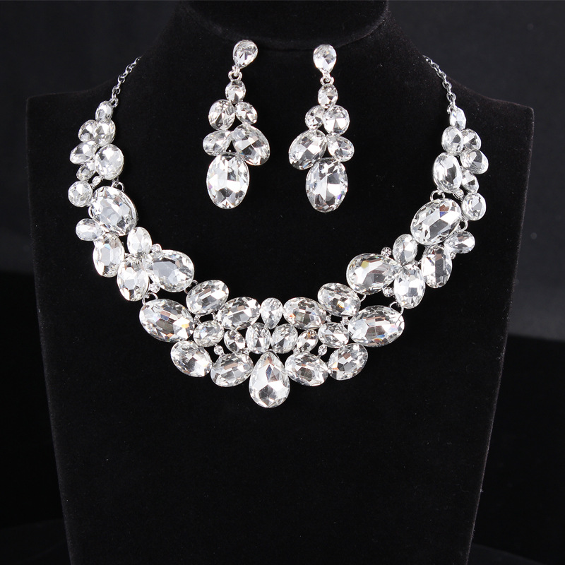 High quality wedding jewelry sets bridal silver necklace and earrings crystal women party dress jewerly accessories