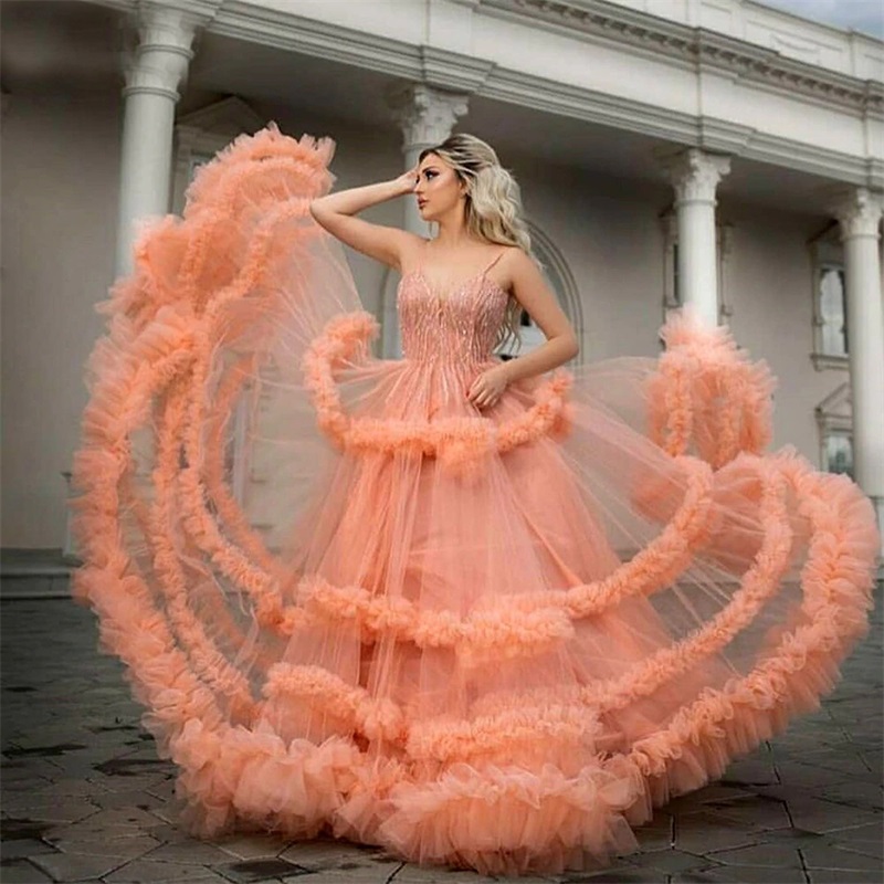 Spaghetti Strap Evening Dresses Appliqued Sequins Pageant Gown Sleeveless Tiered Tulle Custom Made Sweep Train Pink Prom Dress