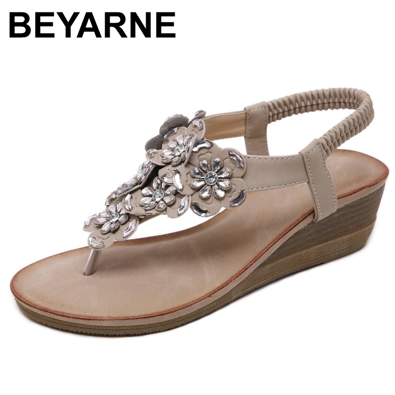 

BEYARNE Summer Wedge Sandals Women Bohemia Flip Flop Oxford Sandals Fashion Crystal Flower Ethnic Soft Beach 35-42E614, Black