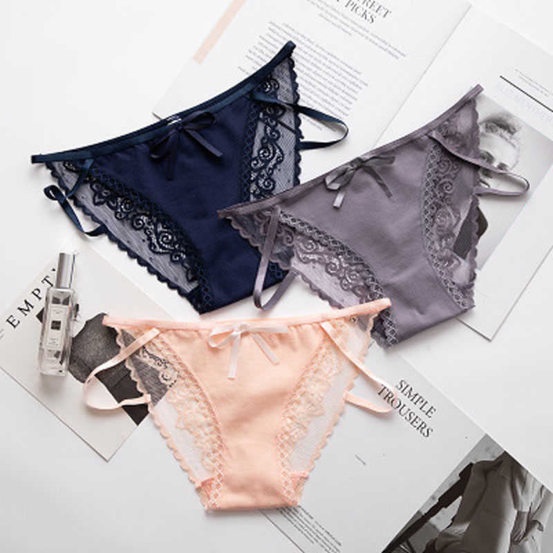 New lace love underwear hollow sexy underwear ladies solid color low waist lace transparent bow, Black