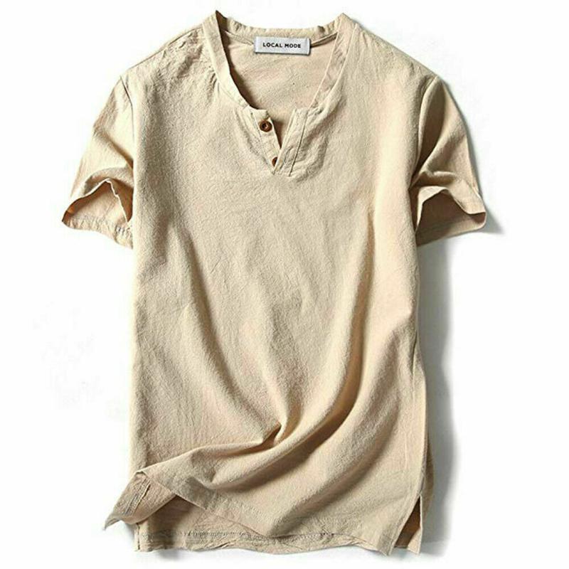 Summer Men's Casual Baggy Short Sleeve Slim Muscle Cotton Line V-Neck Button-Front T-shirt Solid Color Tops1