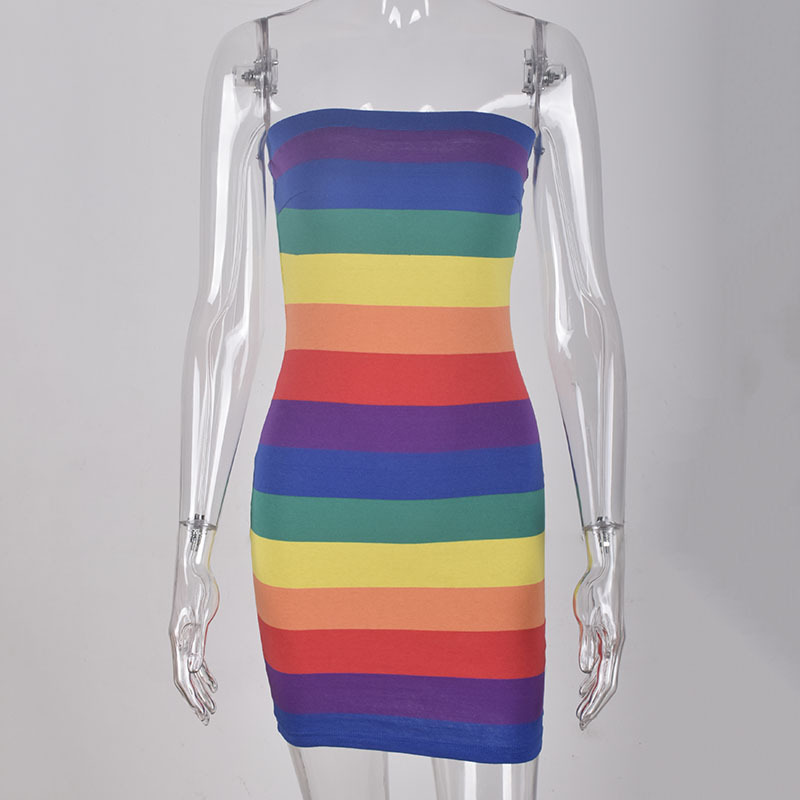 Cryptographic Fashion Sexy Strapless Bright Rainbow Dress for Women Knitted Elegant Sleeveless Dresses Bodycon Spring Summer T200320