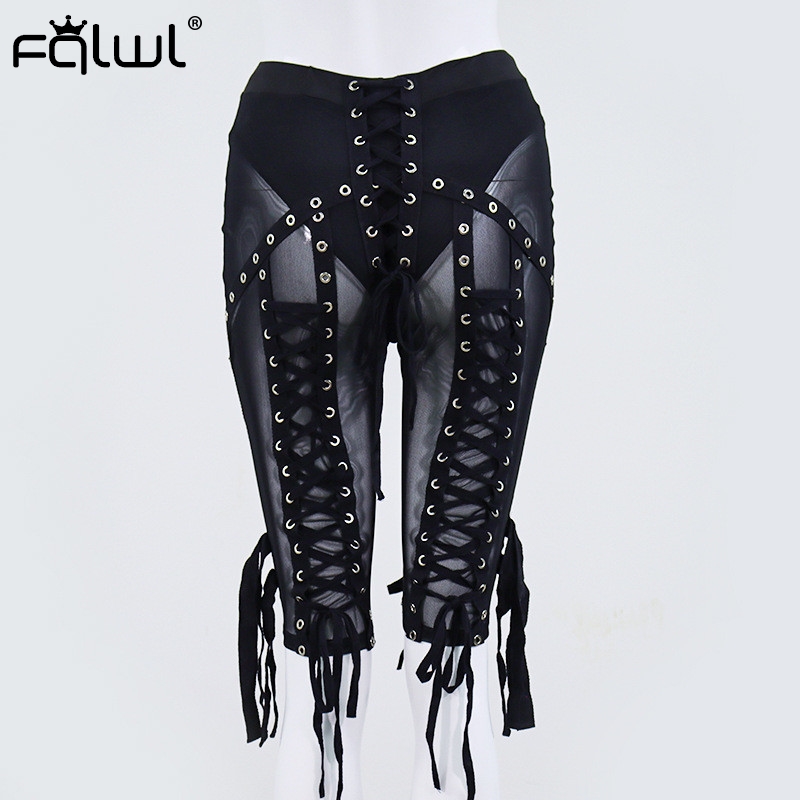 Women's Shorts Lace Up See Through White Mesh Women Bandage Spandex High Waist Female Ladies Sexy Club Black