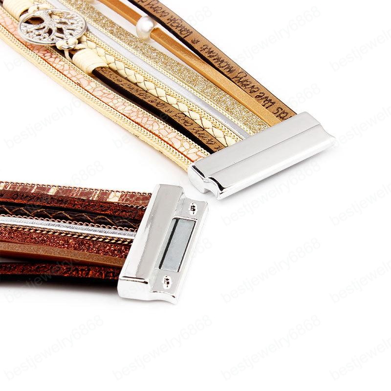 Creative Women Twine Tree of Life Leather Strap Magnet Buckle Pearl Bangle Bracelet Multilayer Bracelets Fashion Gifts