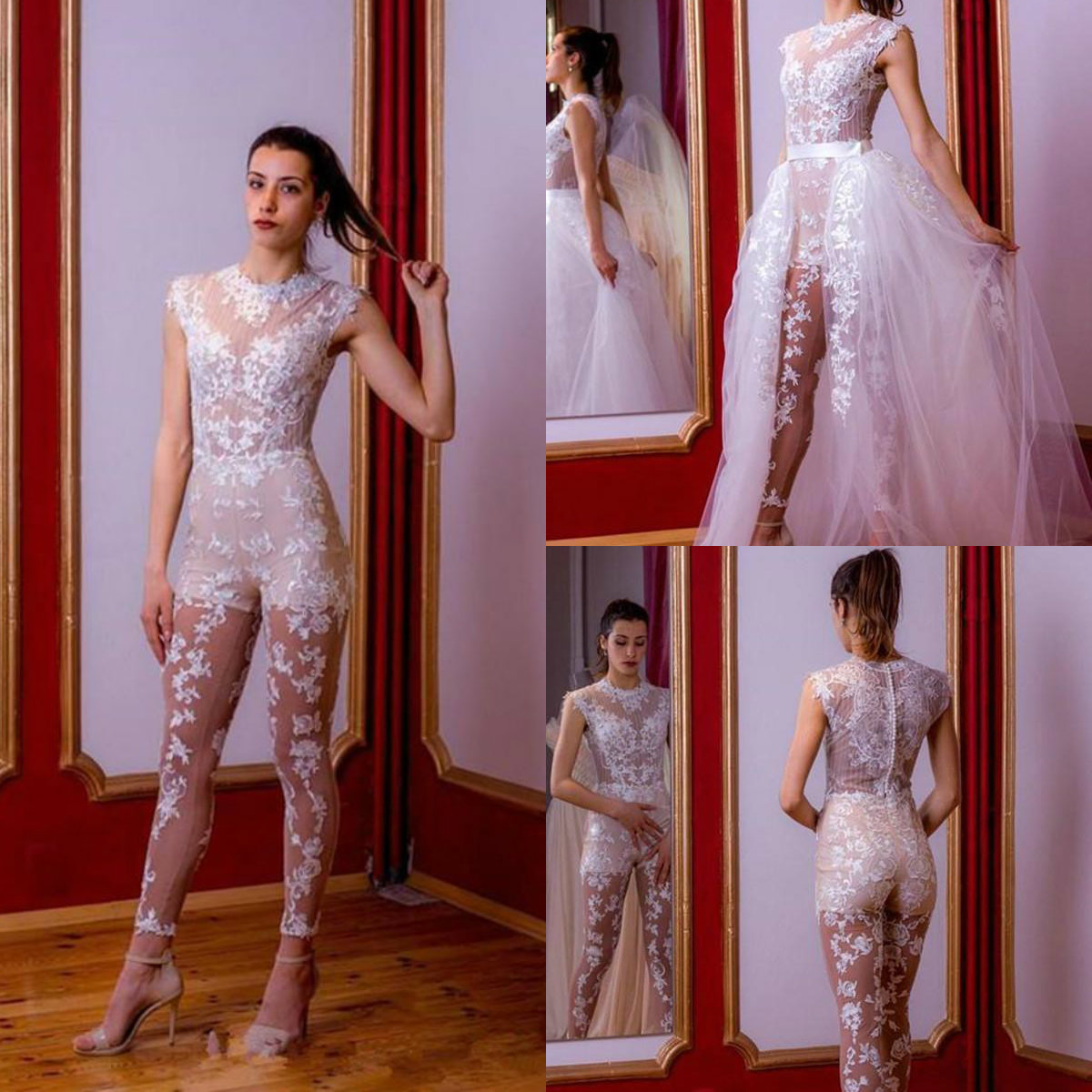See Through Lace Jumpsuit Bridal Wedding Dress With Detachable Train Jewel Neck Beach Wedding Gowns Pant Suit robe de mariée