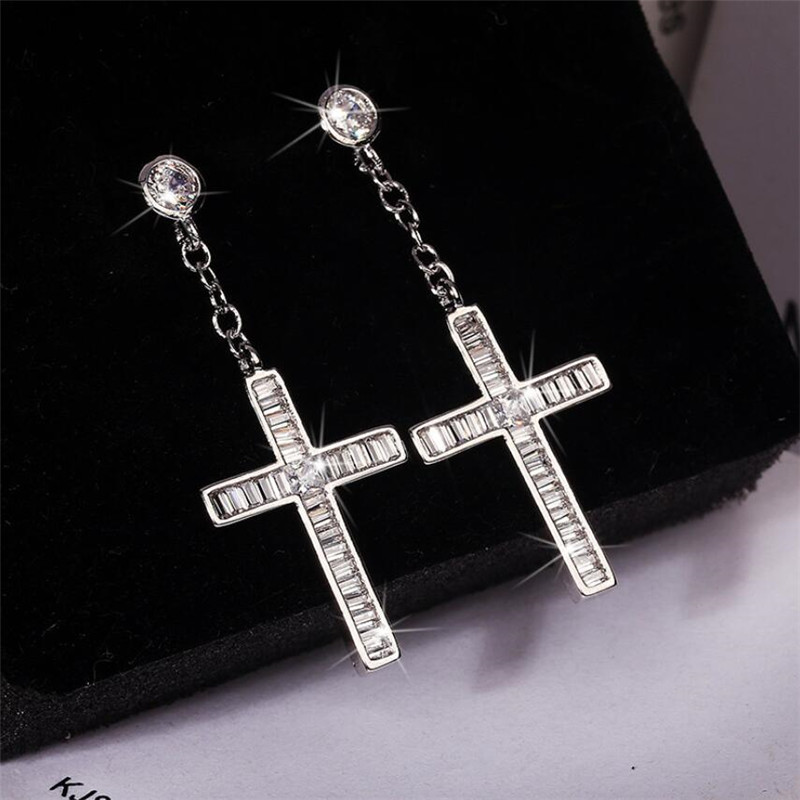 2024 Sparkg Cross Dangle Earrings: Sterg Sier, Princess Cut White Topaz, Jewelry Gift for Women