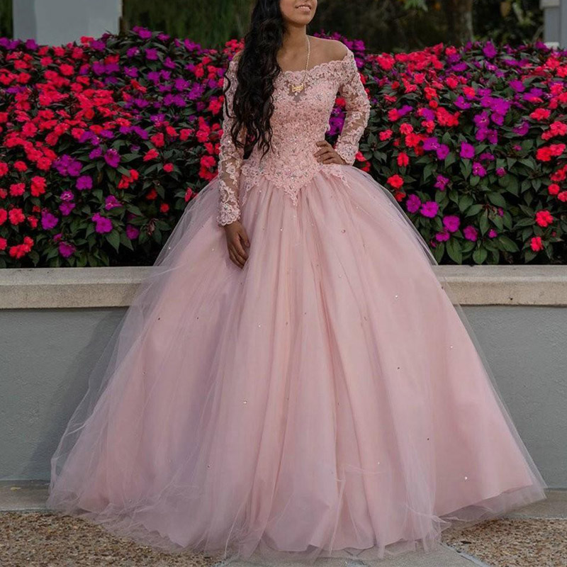 Classic Blush Long Sleeves Quinceanera Dresses Off Shoulder Lace Beaded Sequins Keyhole Backless Prom Graduation Pageant Dresses