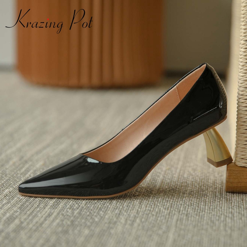 Krazing pot hot concise style real leather handmade pointed toe high strange heel slip on office lady daily wear women pumps L66, Black
Krazing pot hot concise style real leather handmade pointed toe high strange heel slip on office lady daily wear women pumps L66, Black