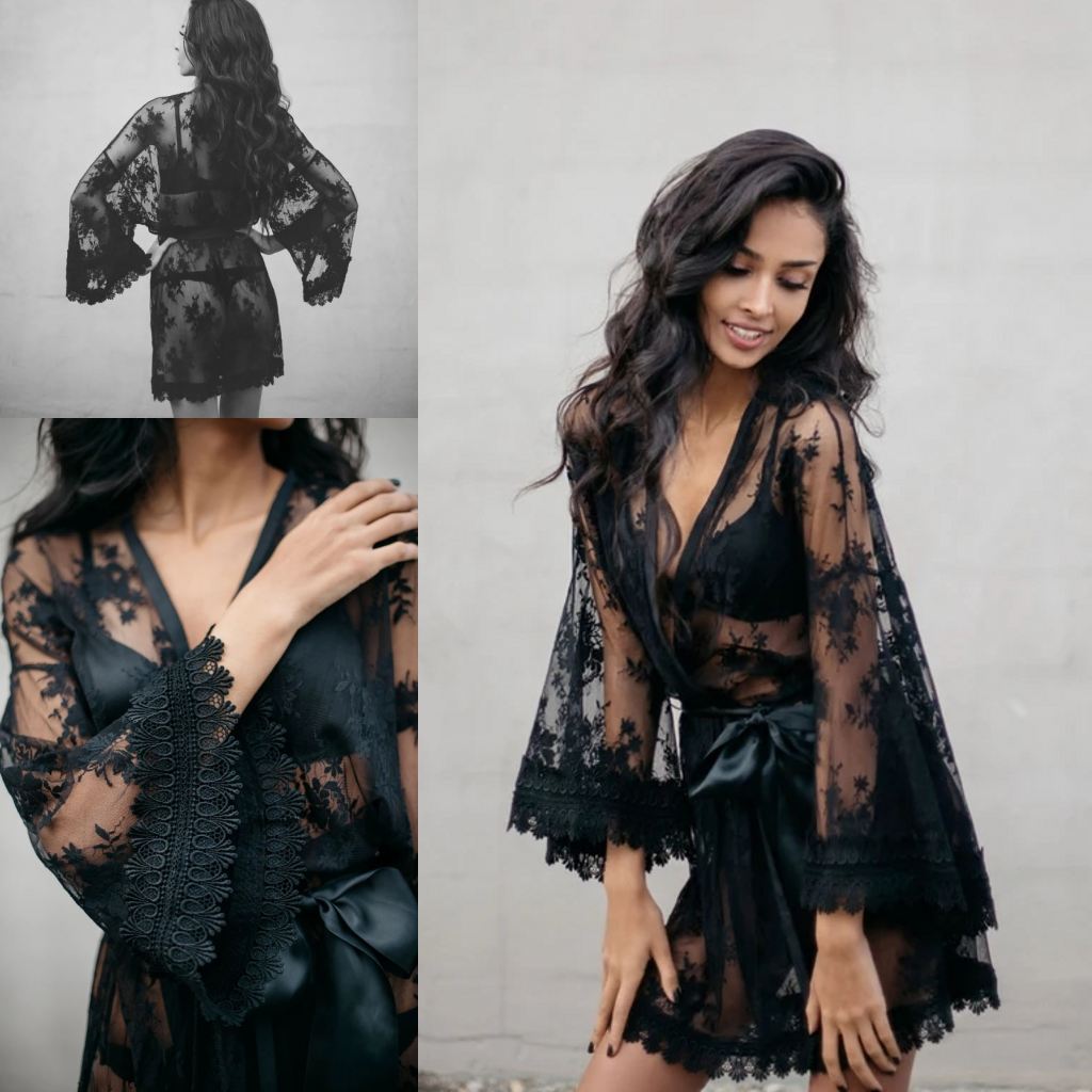 Newest Sexy Black Wedding Robes V Neck Long Sleeves Bow Sash Appliqued Lace Bridesmaid Robe Satin Silk Custom Made Short Sleepwear