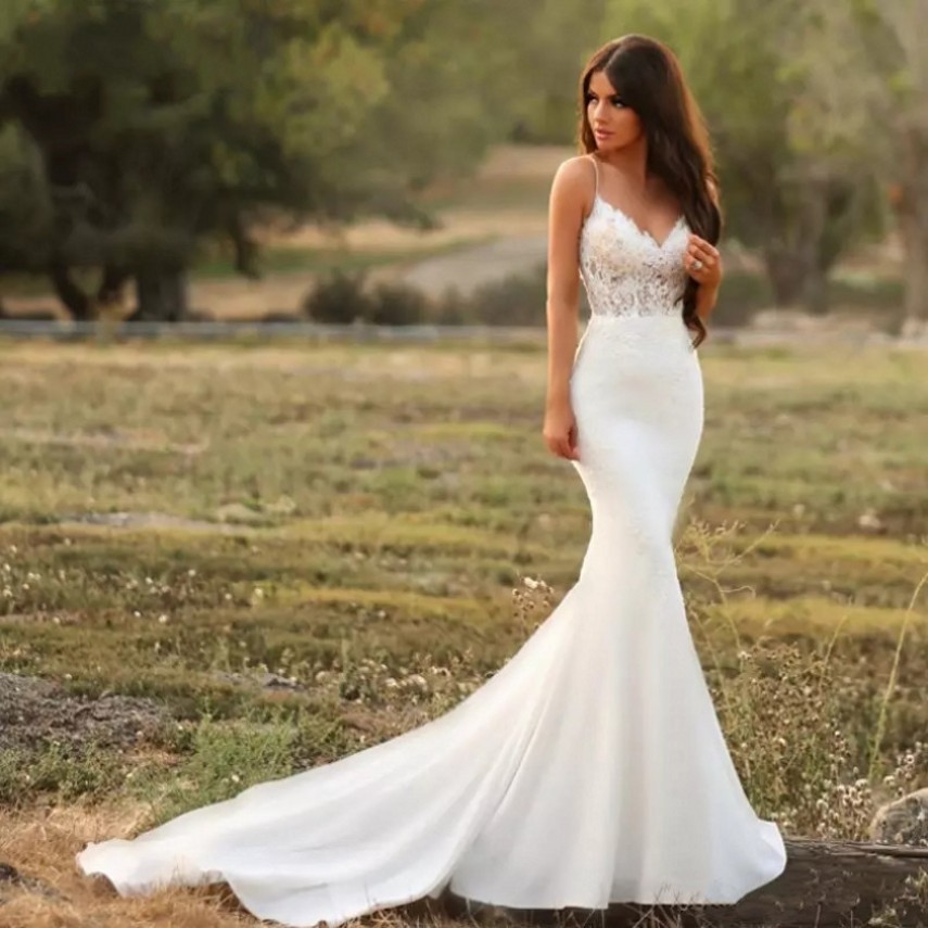 Mermaid Wedding Dress 2020 Lace Spaghetti Strap Open Back Zip Up Bridal Gown Modest Stain Beach vestido de noiva customize
