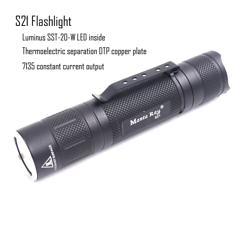 Manta Ray S21 black led torch,with Luminus SST-20-W LED emitter, DTP board,run by 21700 or 18650 battery
Manta Ray S21 black led torch,with Luminus SST-20-W LED emitter, DTP board,run by 21700 or 18650 battery