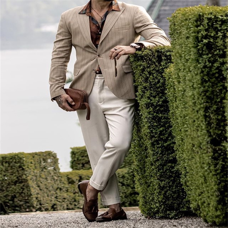 custom made 2piece khaki stripes coatwhite pant wedding tuxedos men suits peaked lapel fit business prom party blazer suits