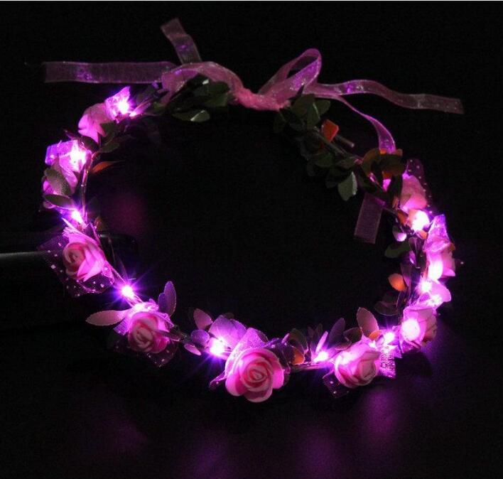 Flashing LED Glow Rose Crown Headbands Light Party Rave Floral Hair Garland Wreath Wedding Flower Girl Headpiece Decoration GD380