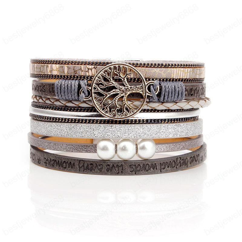 Creative Women Twine Tree of Life Leather Strap Magnet Buckle Pearl Bangle Bracelet Multilayer Bracelets Fashion Gifts