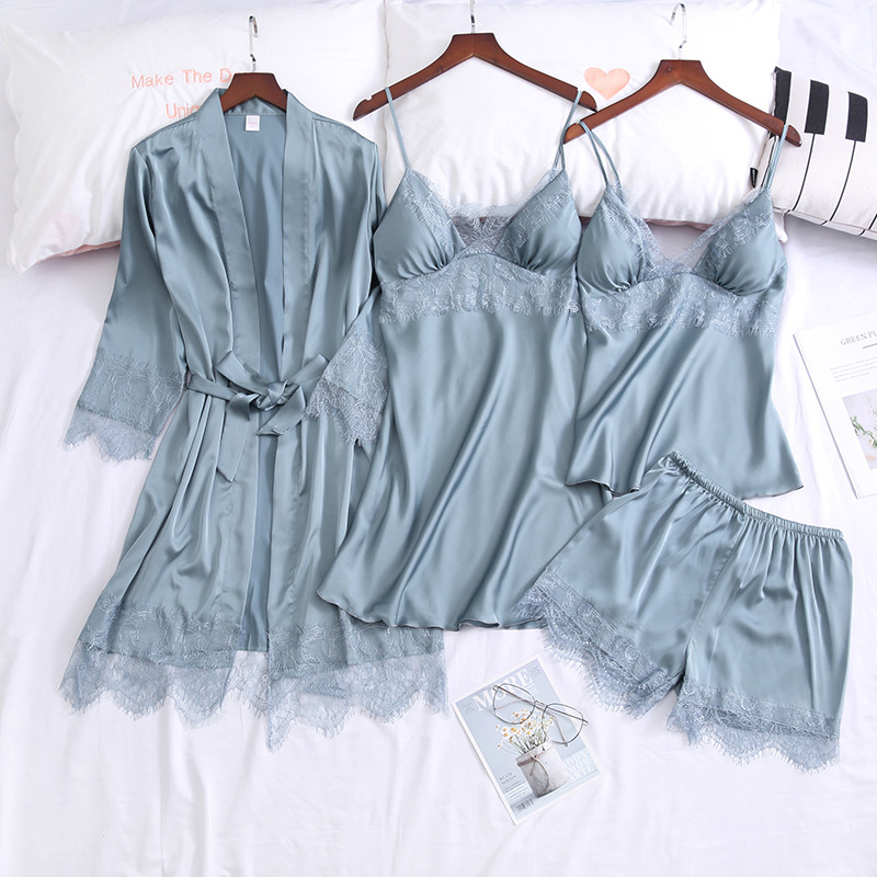 Women Sexy 4PCS Sleepwear Lace Patchwork Robe Set Satin Kimono Bathrobe Gown Female Casual Intimate Lingerie Home Clothes, 4pcs pink
Women Sexy 4PCS Sleepwear Lace Patchwork Robe Set Satin Kimono Bathrobe Gown Female Casual Intimate Lingerie Home Clothes, 4pcs pink