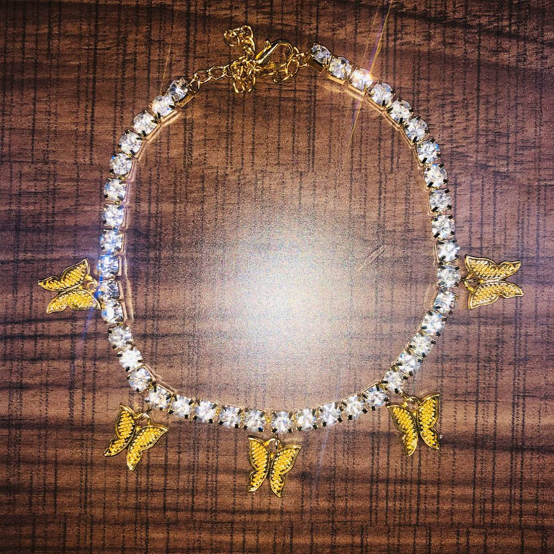 Stonefans Gold Tennis Rhinestone Jewelry for Women Crystal Butterfly Pendant Anklet Beach Foot Chain Bracelet