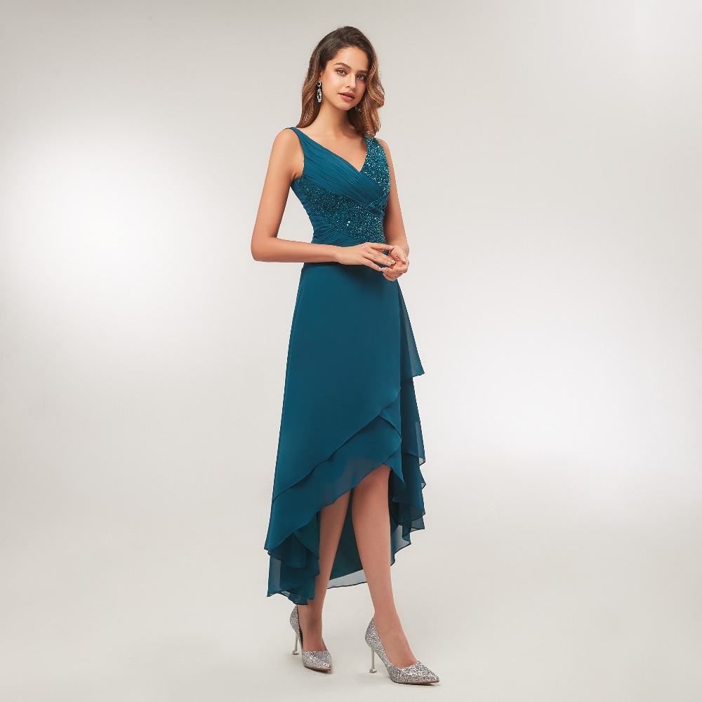 Mother's Dresses Turquoise Chiffon V Neck Pleated Tea Length High Low Mother Of The Bride Dress Vestido De Madrinha Evening Dresses