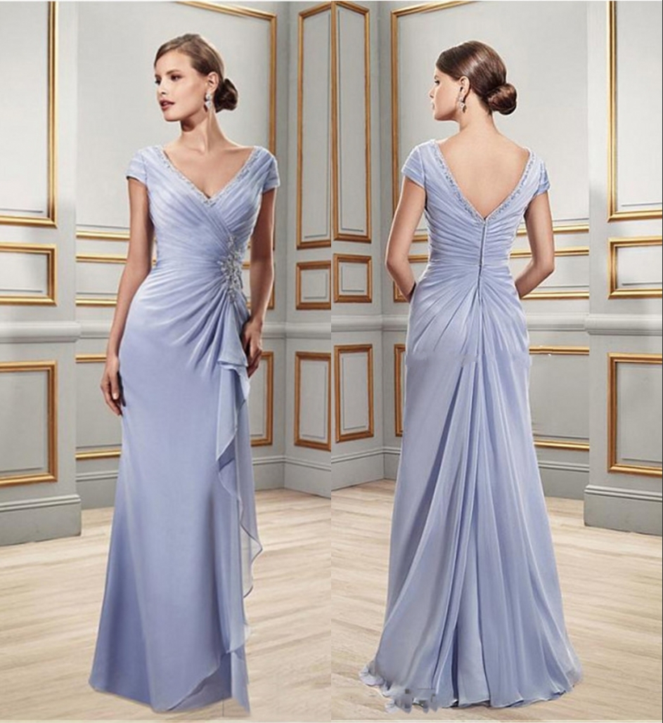 V Neck Chiffon Sheath Mother Of The Bride Dress With Ruched and Beads Wedding Guest Dress Vestidos De Novia Madrinha