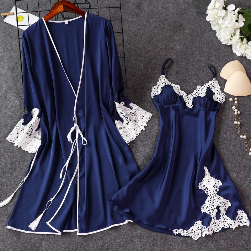 Satin Lace Patchwork Sleepwear Female Casual 4PCS Sleep Set Kimono Robe Gown Sexy Intimate Lingerie Home Clothes Silky Nightwear, Blue nightie
Satin Lace Patchwork Sleepwear Female Casual 4PCS Sleep Set Kimono Robe Gown Sexy Intimate Lingerie Home Clothes Silky Nightwear, Blue nightie