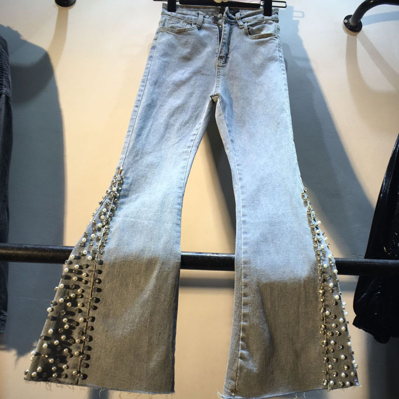 Europe Women Beading Jeans Ankle-Length Flare Denim Pants Rhinestone Pearl Fashion Trouser High Waist Stretch Streetwear Autumn, Light blue
Europe Women Beading Jeans Ankle-Length Flare Denim Pants Rhinestone Pearl Fashion Trouser High Waist Stretch Streetwear Autumn, Light blue