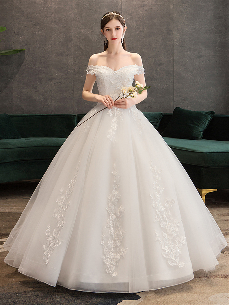 Plus Size Lace Flowers Peals Wedding Dresses Simple Elegant Wedding Gowns Bride Dress Boda robe de mariee Boat neck Off Shoulder