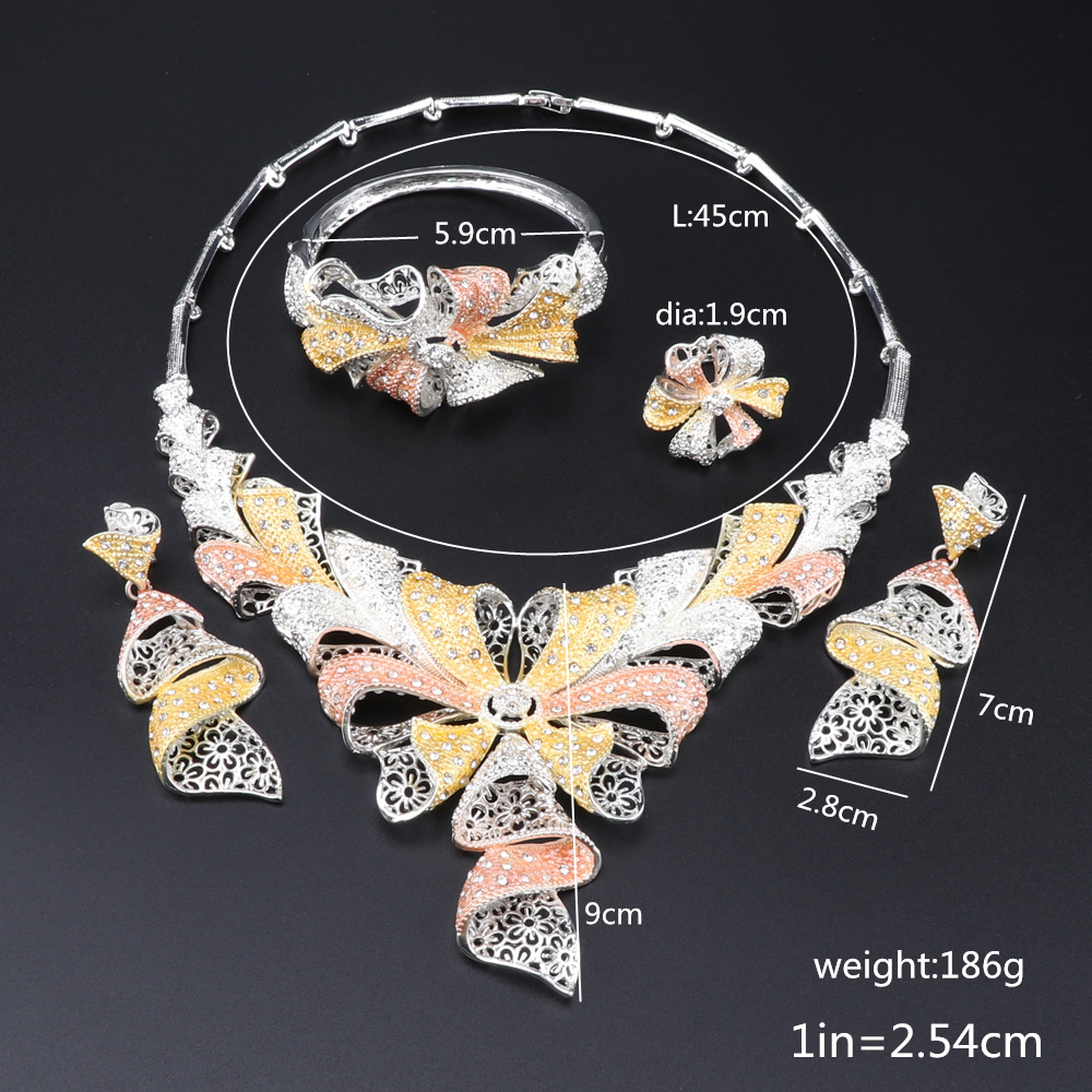 Exquisite Dubai Women's Crystal Necklace Earrings Ring Bracelet Trendy Nigerian Wedding Jewelry Set Popular