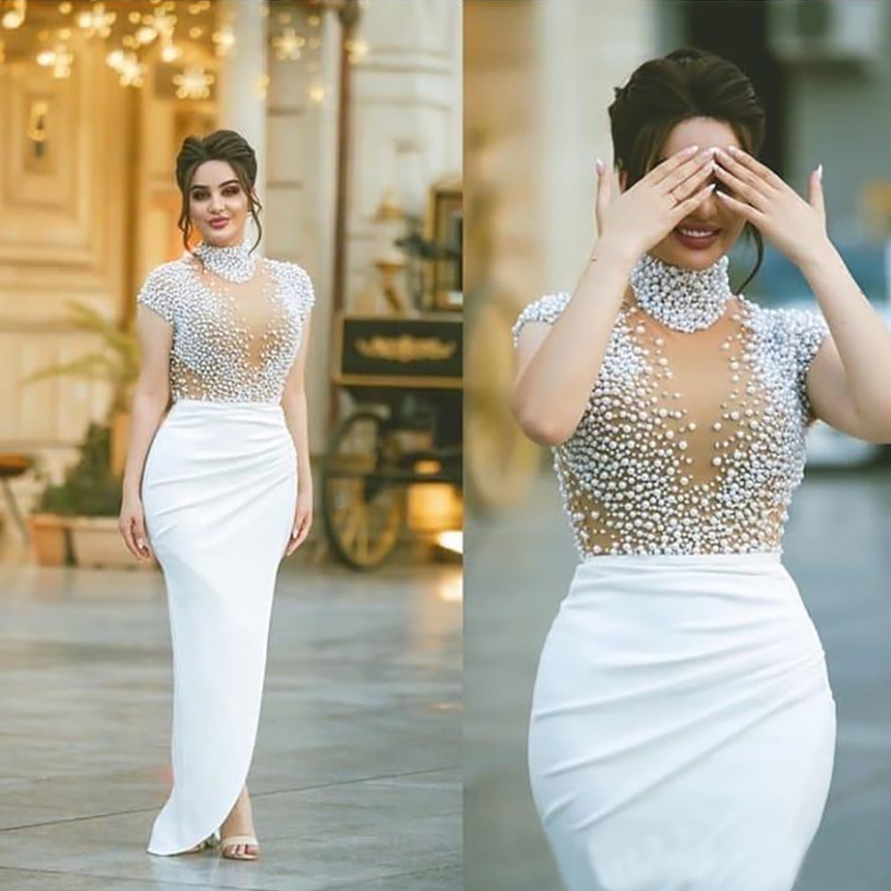 New White Beaded Pearls Satin Sleeveless Straight Evening Dresses Formal Dress Prom Party Gown Gown High Neck Custom
