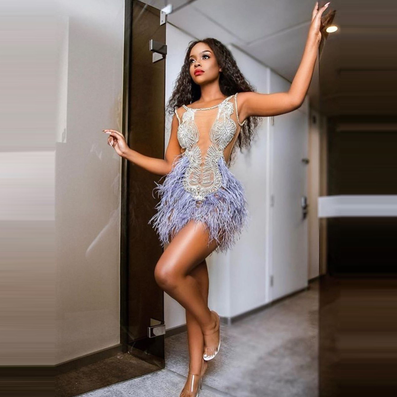 arabic sexy cocktail dresses light purple beads feather short sheer jewel neck prom dresses formal homecoming dress