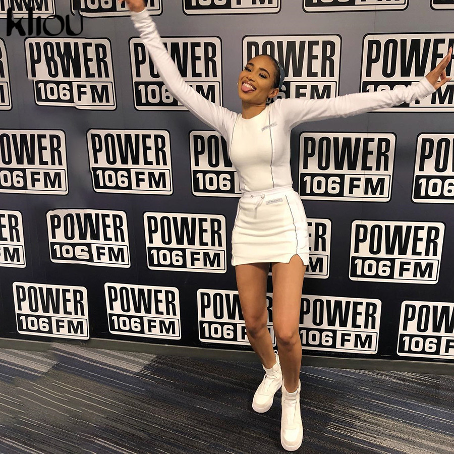 Kliou women fashion Reflective Striped patchwork two pieces set white full sleeve crop top bottom skirts outfit tracksuit T200128