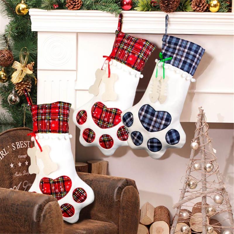 Christmas Stockings Gift Bag Decor for New Year 2020 Plaid Christmas Gift Bags Pet Stocking Socks Xmas Tree Hanging Pendant