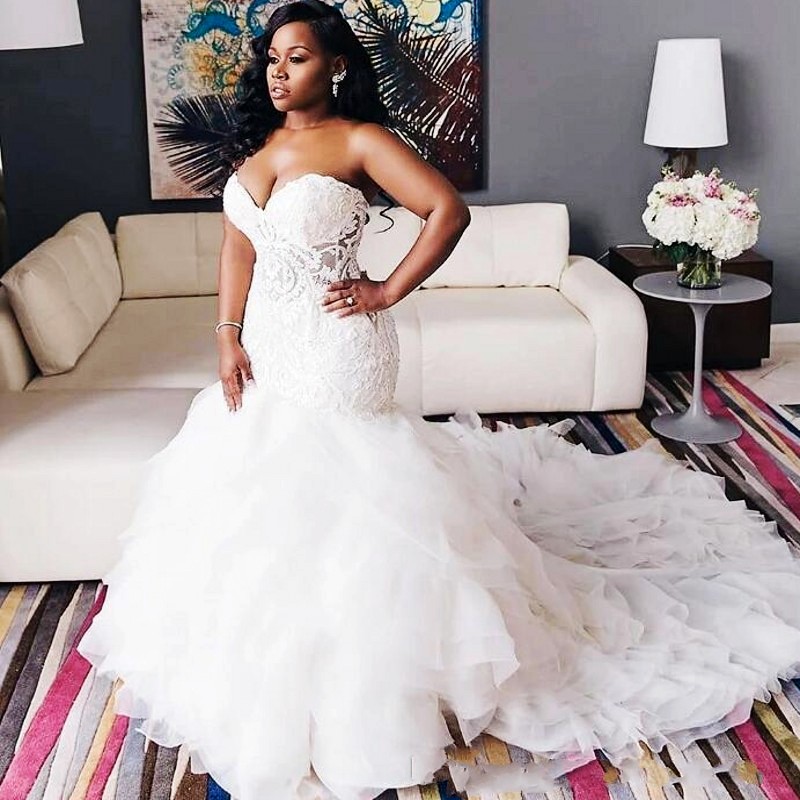 Plus Charming Mermaid Size Lace Wedding Dresses Sweetheart Neck Beaded Bridal Gowns Tiered Sweep Train Tulle Robe De Marie