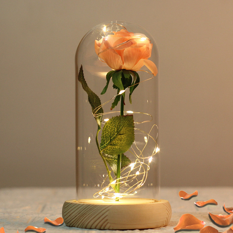 Romantic LED Lights Gold Rose In A Glass Dome for Wedding Valentine's Day 2.14 Gifts Flower for Girlfriend Wife Home Party Decor