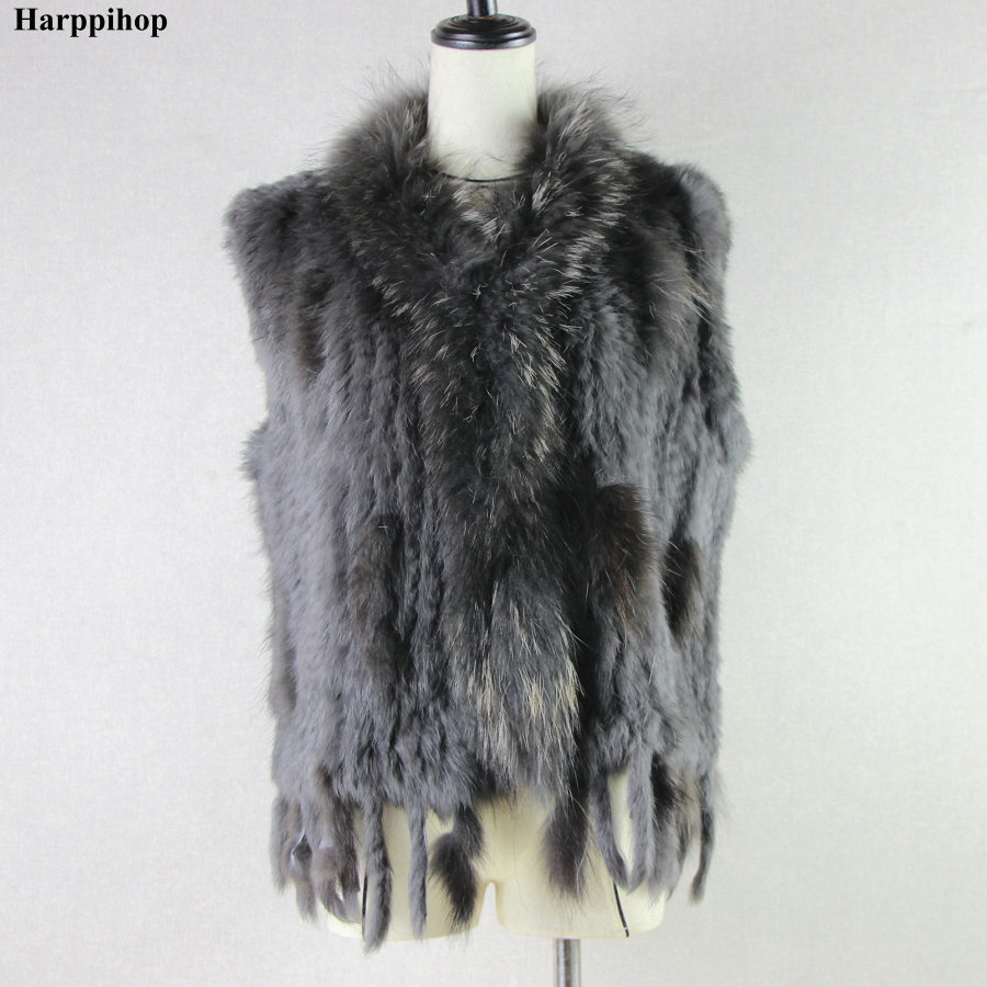 womens natural real rabbit fur vest with raccoon fur collar waistcoatjackets rex rabbit knitted winte T200507